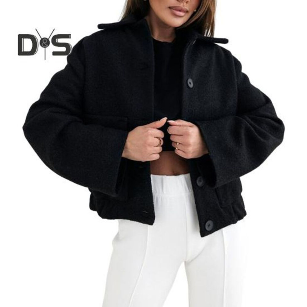 (black, XXL) Women Woolen Jacket Turn-down Solid Color Single-breasted Coat Pleated Hem Thermal Long Sleeved Commuting Dating Spring Fall Winter Coat