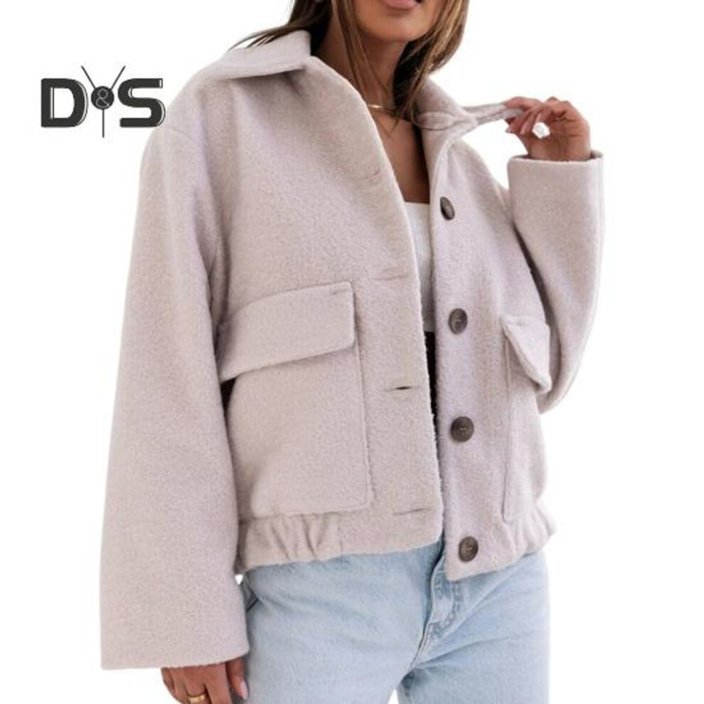 (apricot, M) Women Woolen Jacket Turn-down Solid Color Single-breasted Coat Pleated Hem Thermal Long Sleeved Commuting Dating Spring Fall Winter Coat