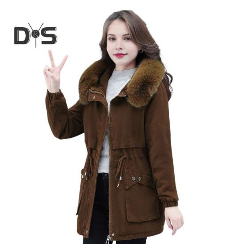 (khaki, XL) Winter Women Cotton Jacket with Furry Hood with Double Pockets Drawstring Waist Mid Length Zipper Closure Coat Solid Color Windproof Outwear Parka