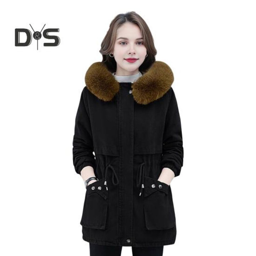 (black, XXXXL) Winter Women Cotton Jacket with Furry Hood with Double Pockets Drawstring Waist Mid Length Zipper Closure Coat Solid Color Windproof Outwear Parka