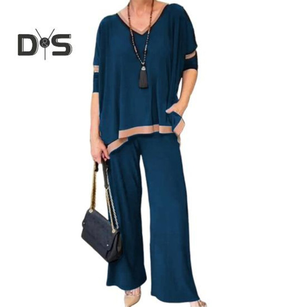 (navy blue, M) 2 Pcs/Set Women Top Pants Set V Neck Three Quarter Sleeves Sweatshirt Elastic Waist Wide Leg Sweatpants Sport Outfit Autumn Casual Tracksuit