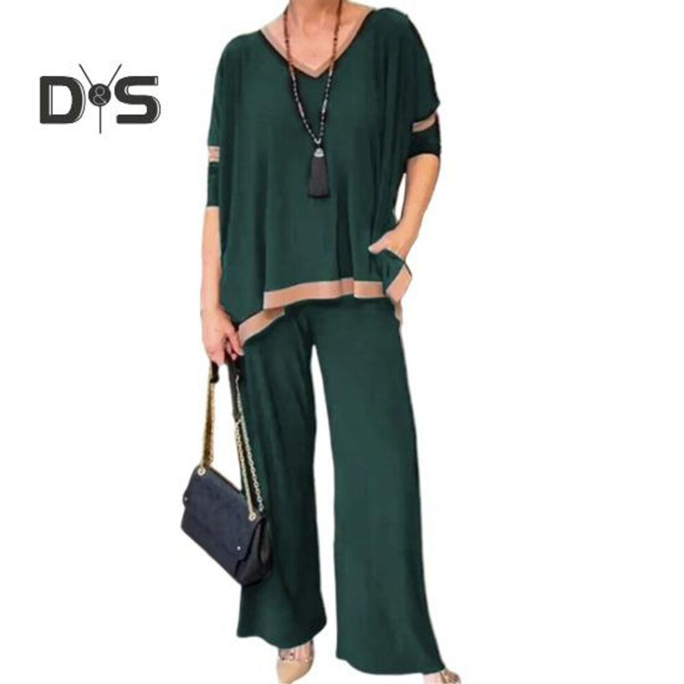 (dark green, L) 2 Pcs/Set Women Top Pants Set V Neck Three Quarter Sleeves Sweatshirt Elastic Waist Wide Leg Sweatpants Sport Outfit Autumn Casual Tracksuit