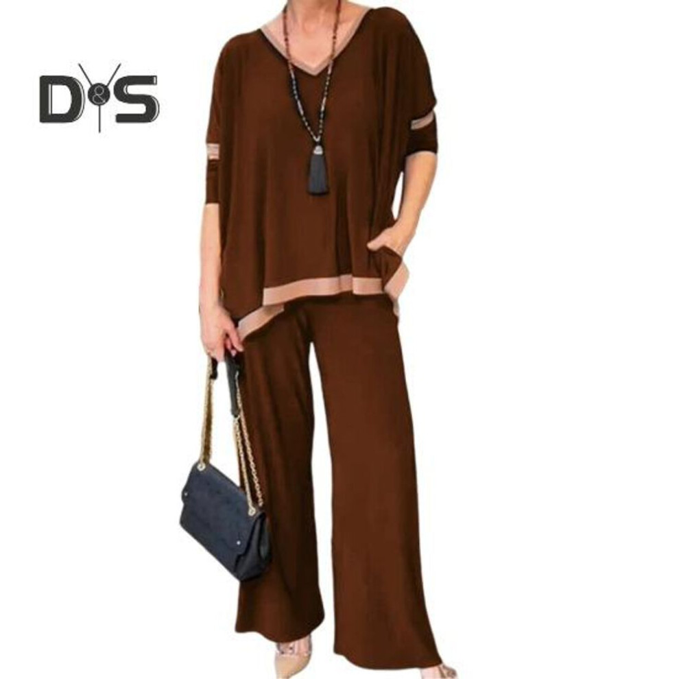 (dark brown, XL) 2 Pcs/set Women Top Pants Set V Neck Three Quarter Sleeves Sweatshirt Elastic Waist Wide Leg Sweatpants Sport Outfit Autumn Casual Tracksuit