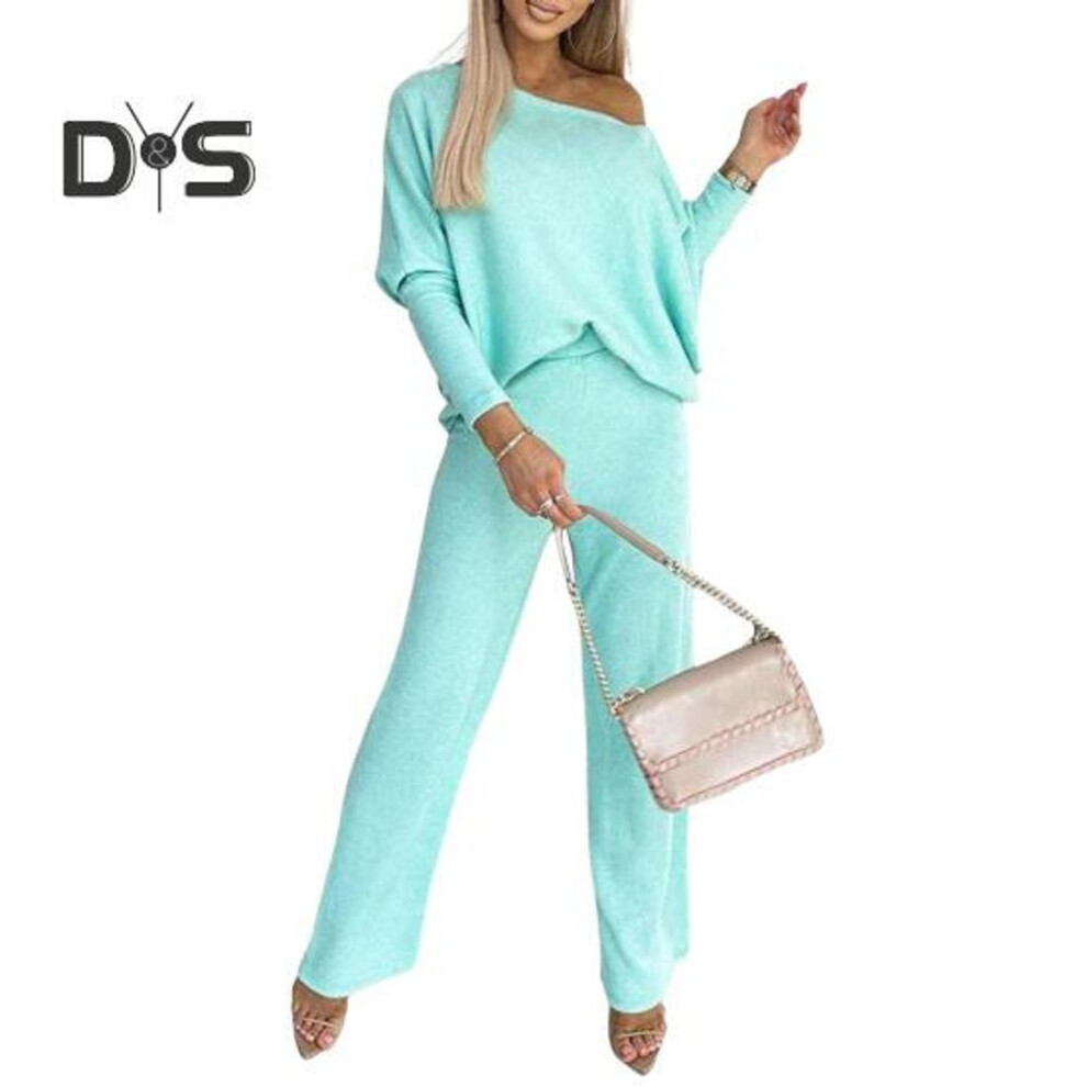 (cyan, L) 2 Pcs/set Women Top Pants Set Round Neck Long Sleeves Sweatshirt Elastic Waist Wide Leg Sweatpants Sport Outfit Autumn Casual Tracksuit
