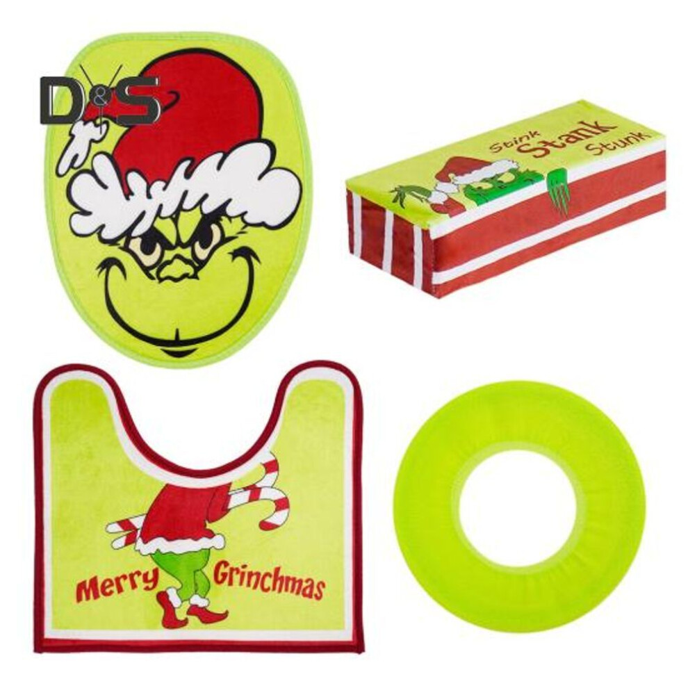 4pcs/set Christmas Toilet Seat Cover Green-haired Elf Anti-slip U-shape Floor Foot Mat Bathroom Toilet Lid Water Tank Decorative Cover