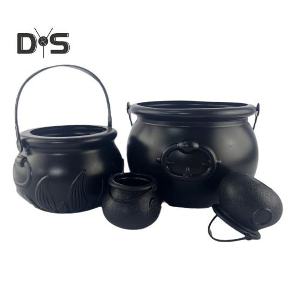 4Pcs Halloween Candy Bucket Black Plastic Bowls Halloween Snack Storage Jars Witch Cauldron Decoration for Party Home Decor