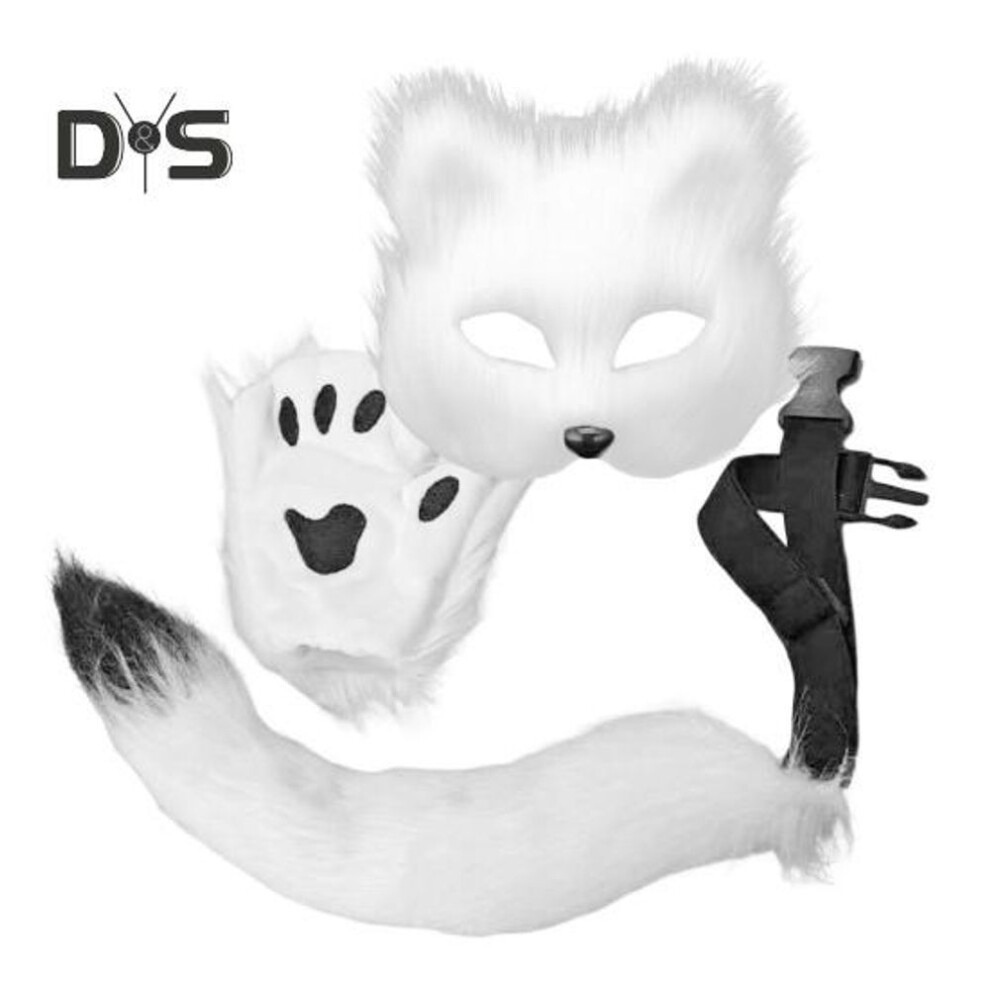 (white) Fox Face Cushion Faux Fox Half Face Cushion with Tail Gloves Masquerade Halloween Cosplay Party Costume Accessory for Girls