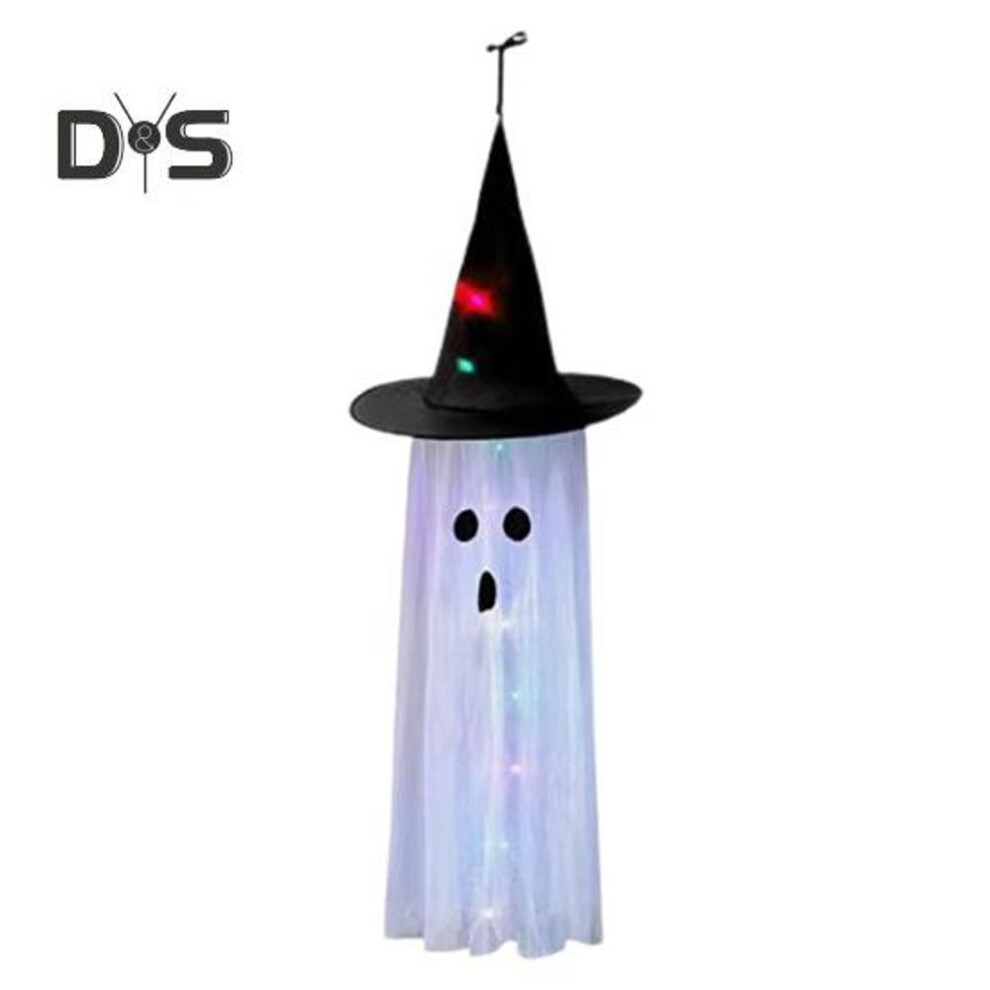(as the picture, A) Halloween Ghost Pendant Hanging Ghost Windsocks With Led Lights Witch Hat Easy To Hang Halloween Decoration For Yard Patio Indoor
