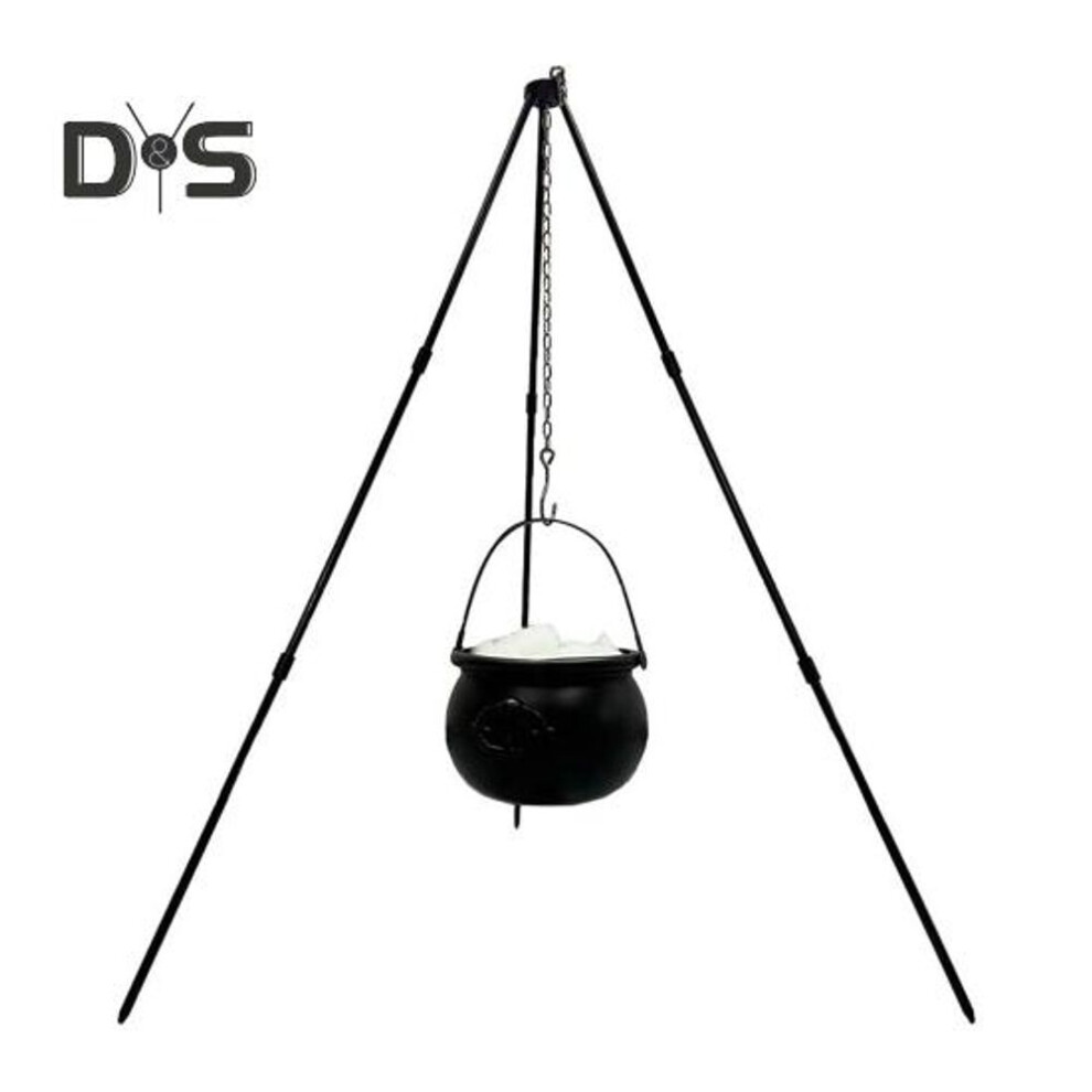 (as the picture, L) Large Witches Cauldron On Tripod Decoration Outdoor Glowing Witch Soup Pot With Light Plastic Black Candy Bucket For Halloween Party