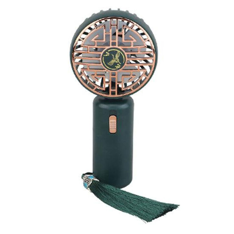(green) Portable Pocket Fan with Tassel Chinese Style 2 Speed LED Night Light USB Rechargeable Mute Handheld Mini Cooling Fan Summer Home Travel Outdoor