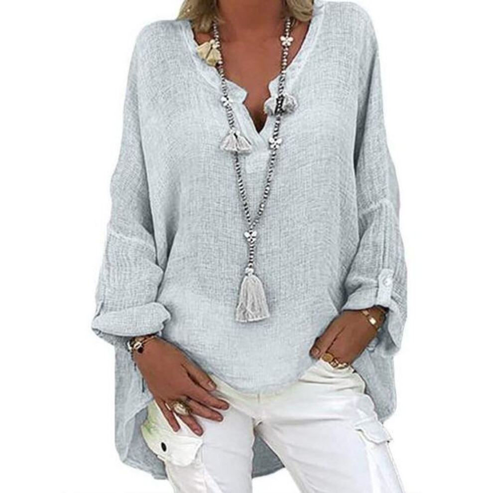 (2XL, light grey) Women Shirt V-neck Long Sleeve Mid-length Casual Tops Solid Color Loose Fit Cotton Linen Tee Shirt Daily Wear
