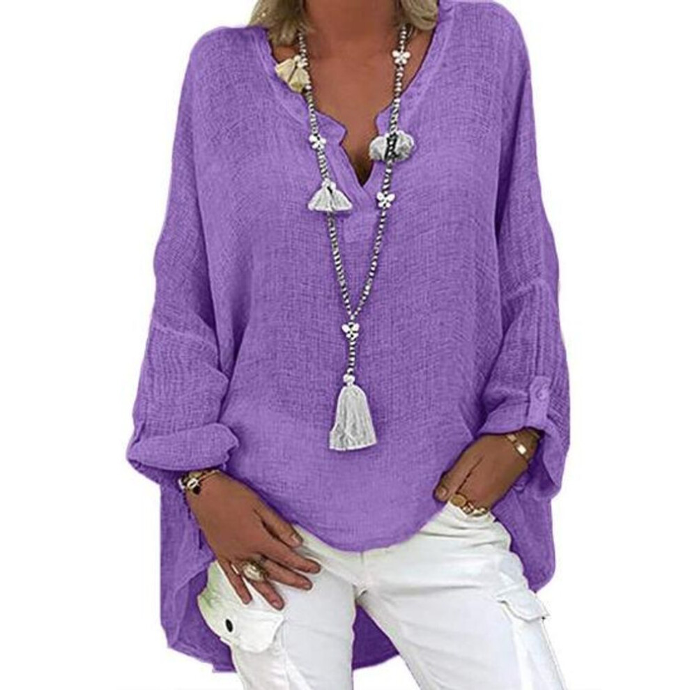 (3XL, purple) Women Shirt V-neck Long Sleeve Mid-length Casual Tops Solid Color Loose Fit Cotton Linen Tee Shirt Daily Wear