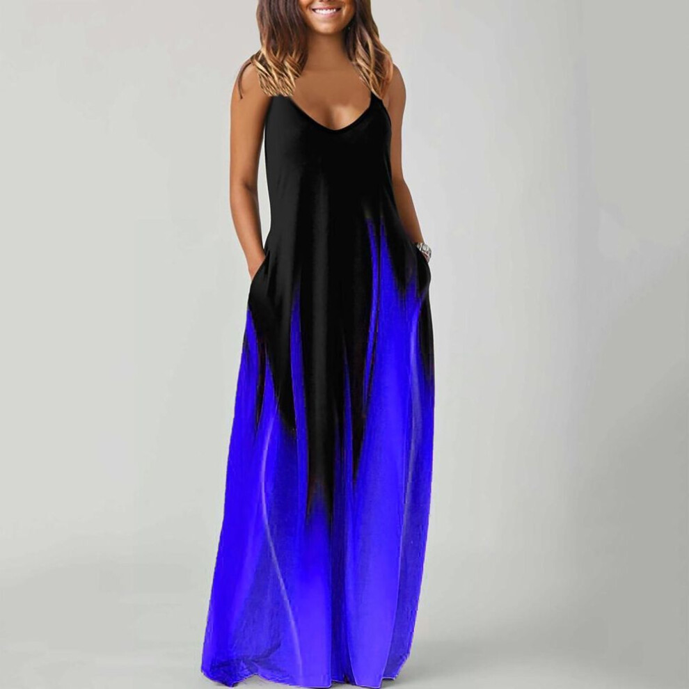 (blue, L) Women Pocket Print  Dress Beach Parties Vest Party  Sleeveless  Super Long Dress