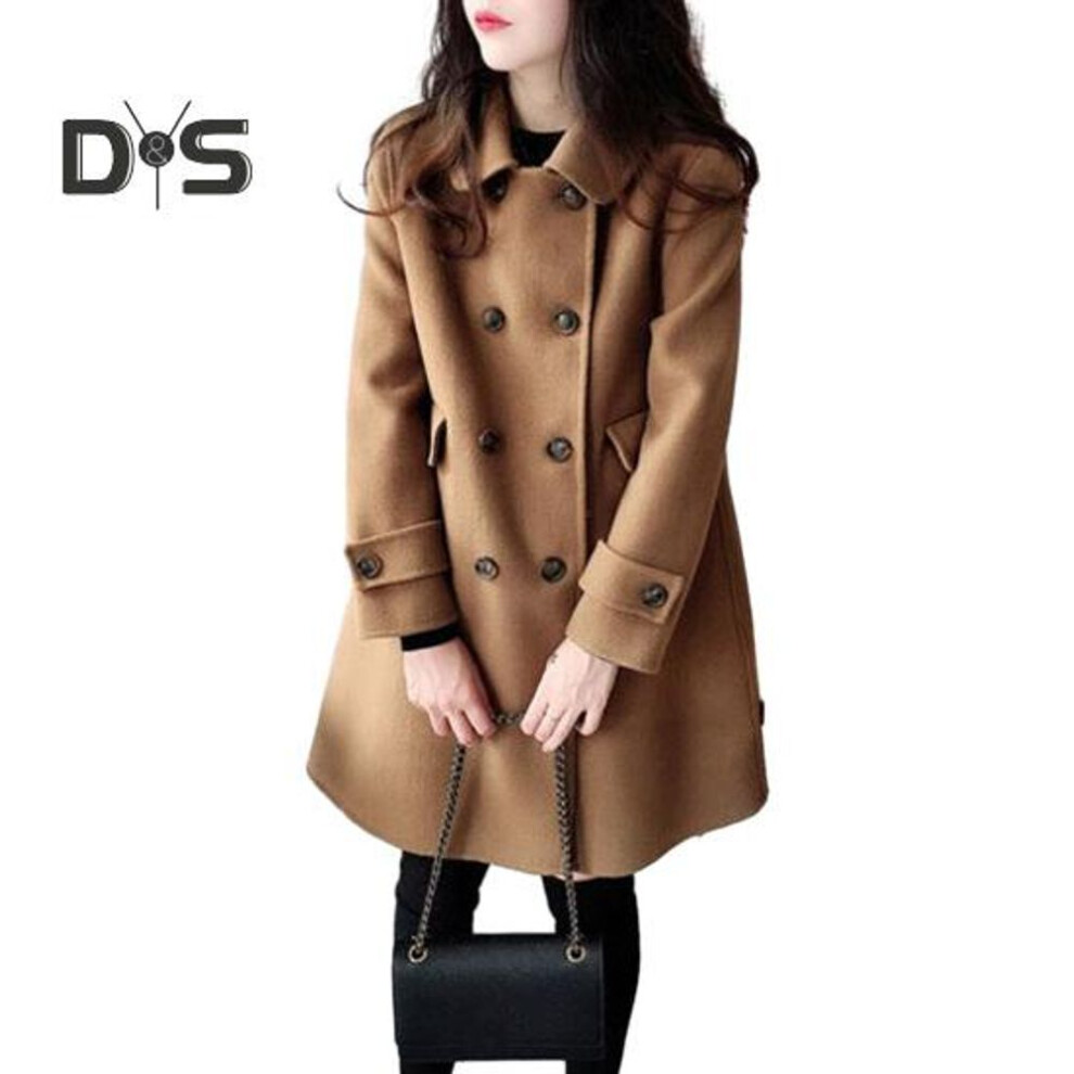 (khaki, S) Women Fall Winter Trench Coat Double Breasted Thick Warm Vintage Woolen Mid Length Pockets Lapel Buttons Loose Cardigan Long Sleeve Lady Jacket
