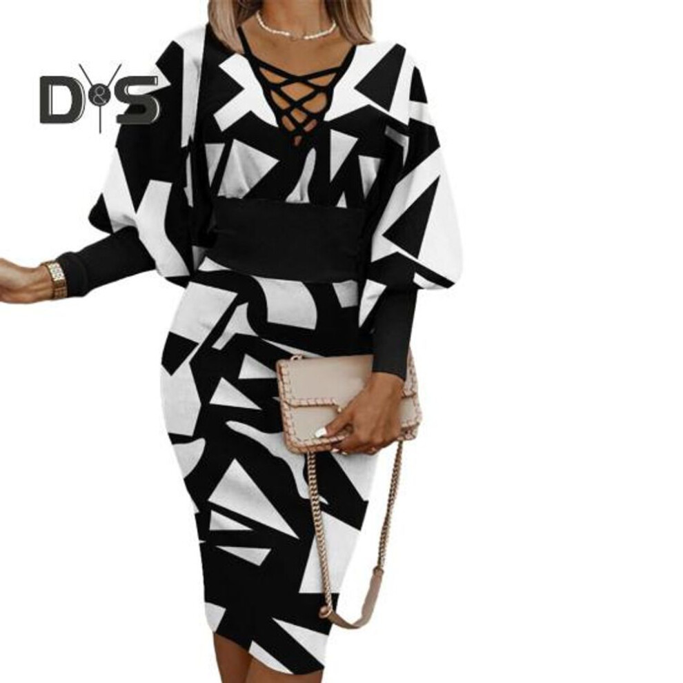 (black, XL) Women Party Prom Dress Hollow Out Long Lantern Sleeve Colorful Print V Neck Tight High Waist Knee Length Elegant Formal Dress