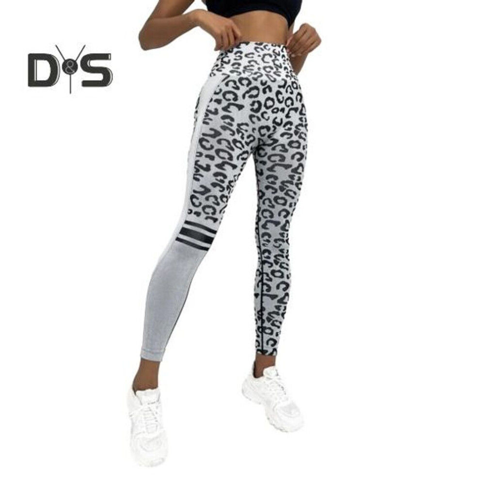 (grey, M) Women Yoga Pants Leopard Print High Waist Tummy Control Butt Lift Skinny Soft Breathable Slim Fit Seamless Sports Long Trousers