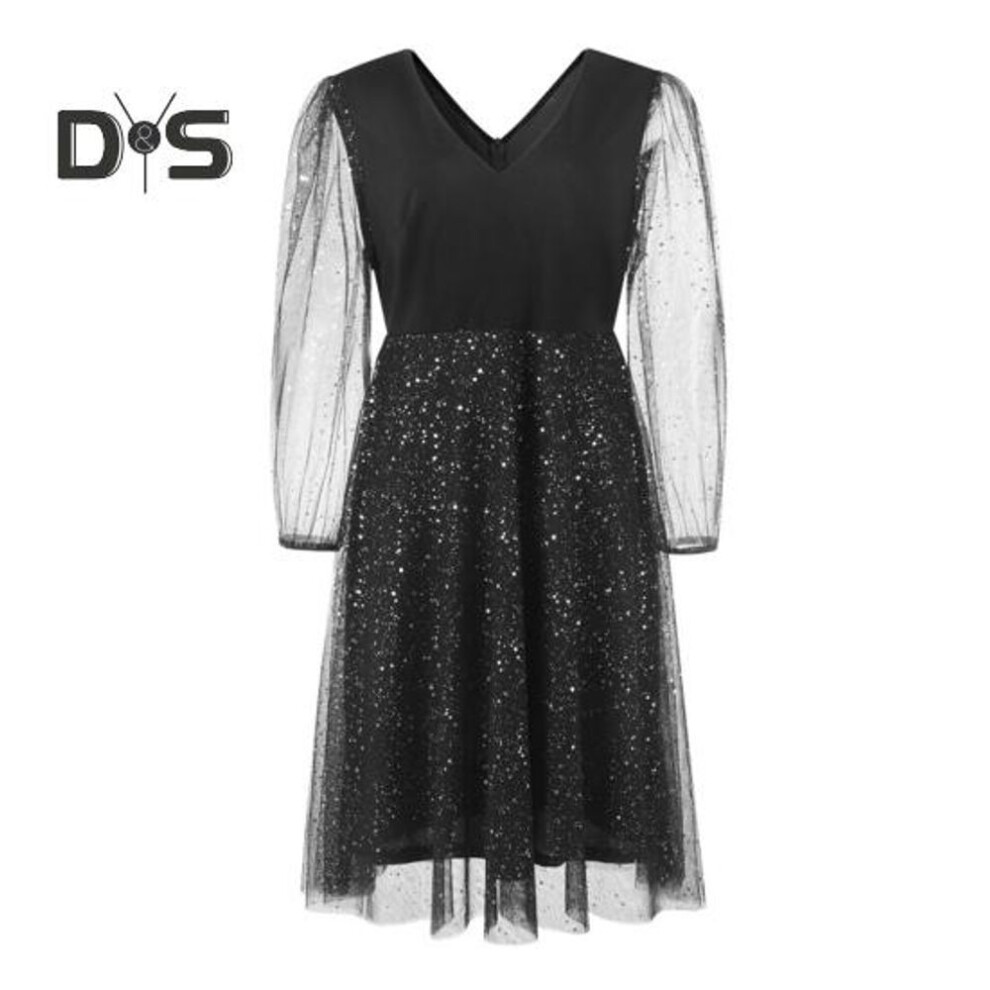(black, 5XL) Plus Size Evening Dress Dot Pattern Double-layered Hem Mesh Sleeve Slim Fit V Neck A-line V Neck Prom Party Midi Dress