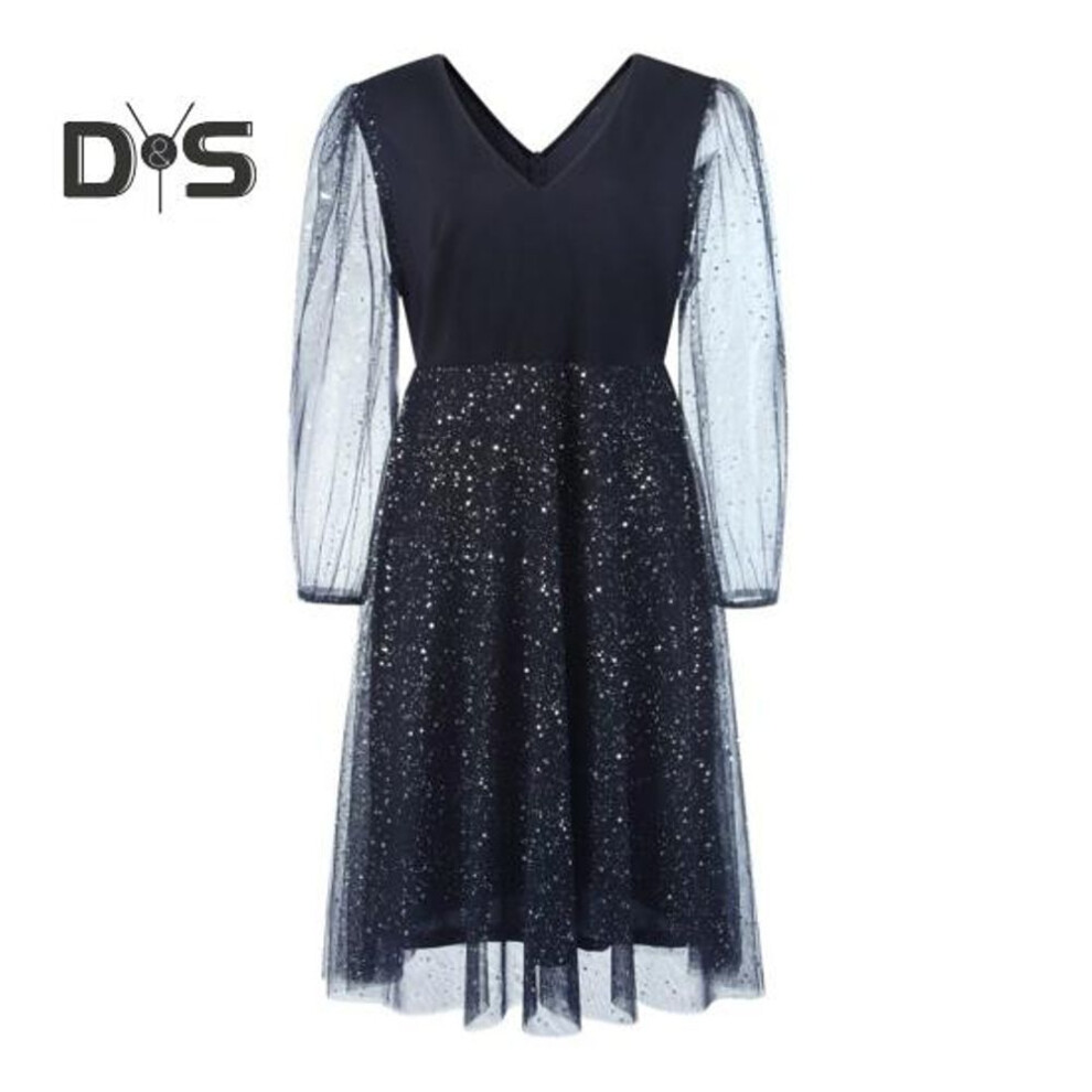 (navy blue, 4XL) Plus Size Evening Dress Dot Pattern Double-layered Hem Mesh Sleeve Slim Fit V Neck A-line V Neck Prom Party Midi Dress