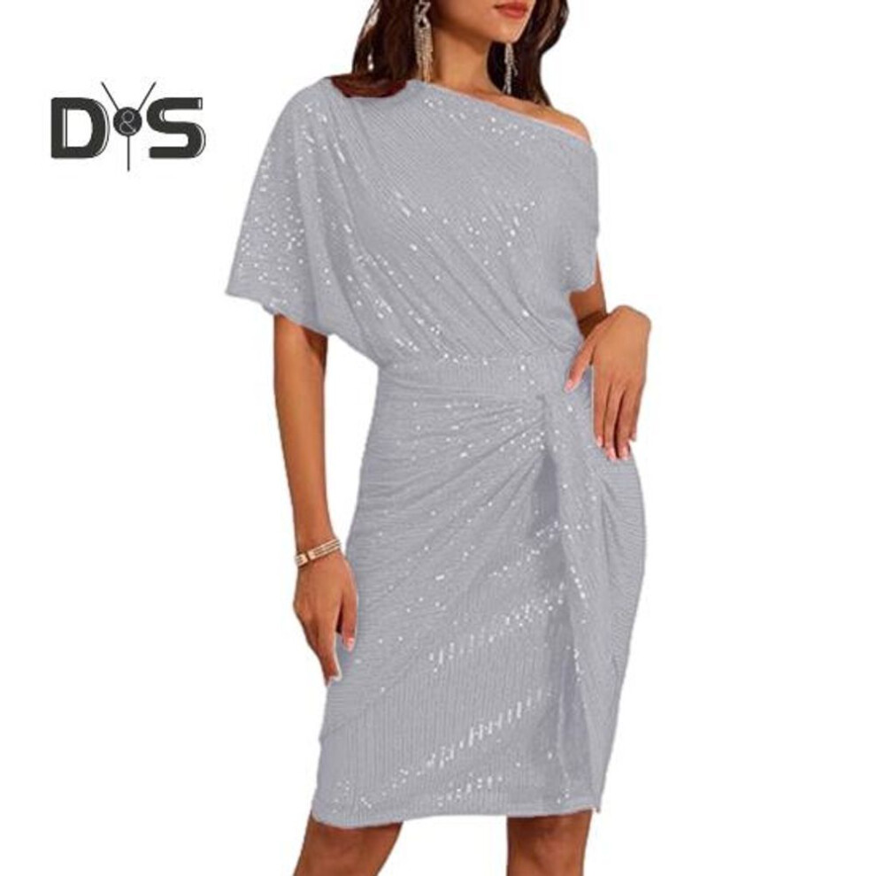 (silver, S) Evening Dress Sequin One Shoulder Slant Neck Knee Length Slim Fit Lace-up Bow Asymmetric Design Pleated Sheath Dress Celebrity Dress for Prom Banquet