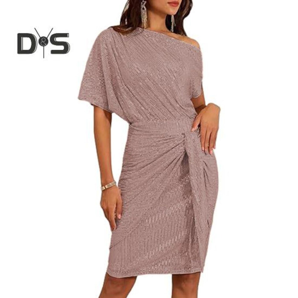 (pink, XL) Evening Dress Sequin One Shoulder Slant Neck Knee Length Slim Fit Lace-up Bow Asymmetric Design Pleated Sheath Dress Celebrity Dress For Prom Banquet