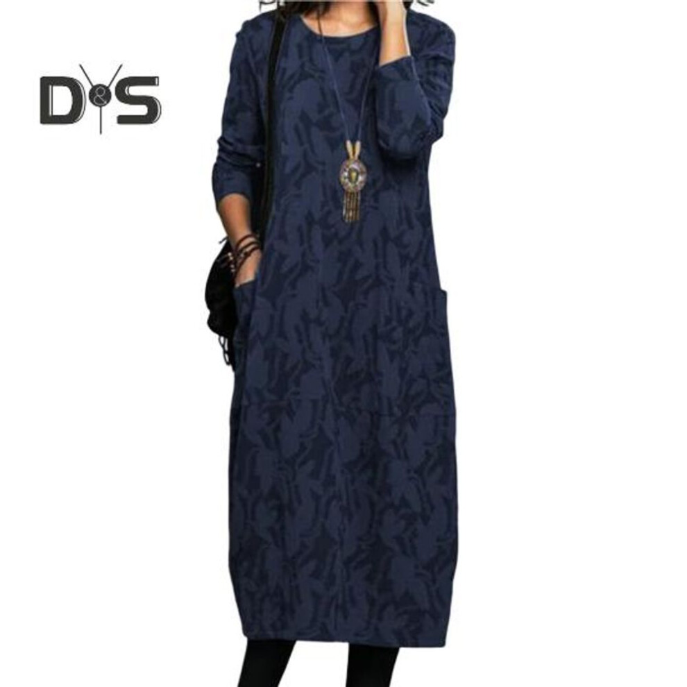 (blue, 2XL) Women Spring Autumn Dress Round Neck Long Sleeves with Side Pockets Loose Mid-calf Length Floral Printing Midi Dress for Daiy Wear Commuting