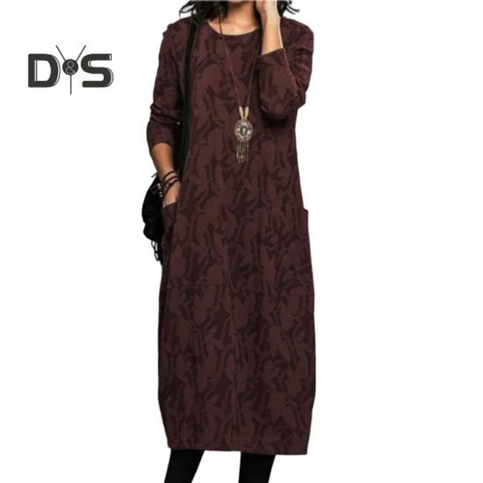 (brown, 2XL) Women Spring Autumn Dress Round Neck Long Sleeves with Side Pockets Loose Mid-calf Length Floral Printing Midi Dress for Daiy Wear Commuting