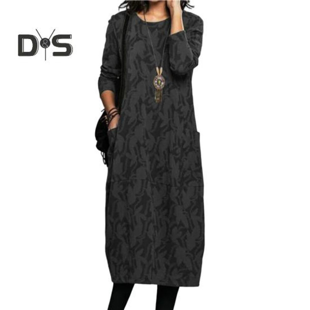 (black, 3XL) Women Spring Autumn Dress Round Neck Long Sleeves with Side Pockets Loose Mid-calf Length Floral Printing Midi Dress for Daiy Wear Commuting