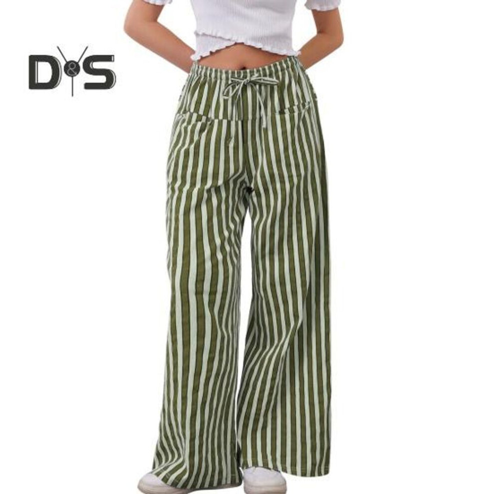 (army green, XL) Women Pants Drawstring Elastic Waist Loose Wide Leg Contrast Color Stripe Printing Low Waist with Pockets Casual Vacation Beach Trousers
