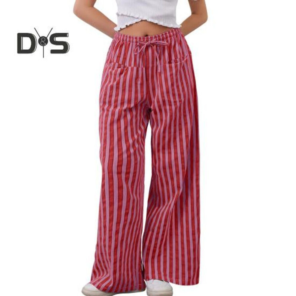 (red, M) Women Pants Drawstring Elastic Waist Loose Wide Leg Contrast Color Stripe Printing Low Waist with Pockets Casual Vacation Beach Trousers