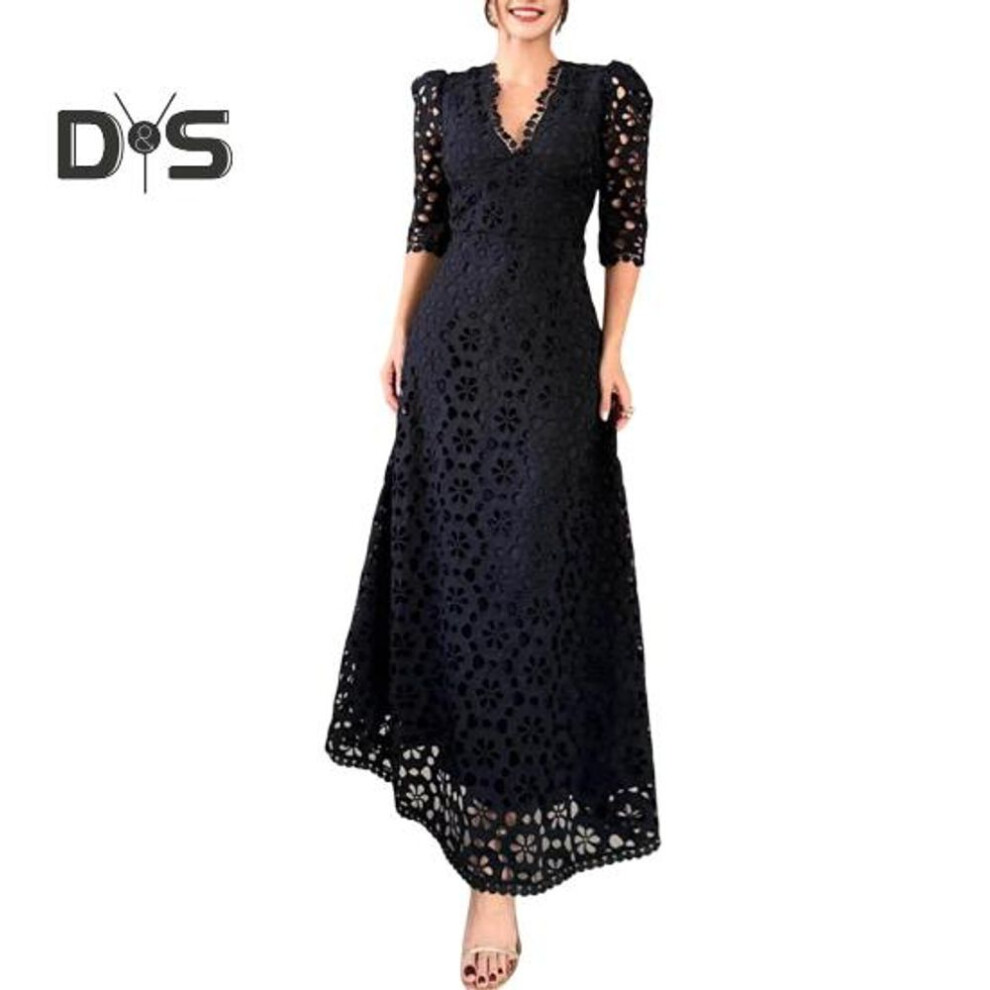 (black, L) Evening Dress Flower Cutout Double-layered A-line Maxi Dress Half Sleeves V Neck High Waist Party Prom Dress Back Zipper Closure Vacation Dress