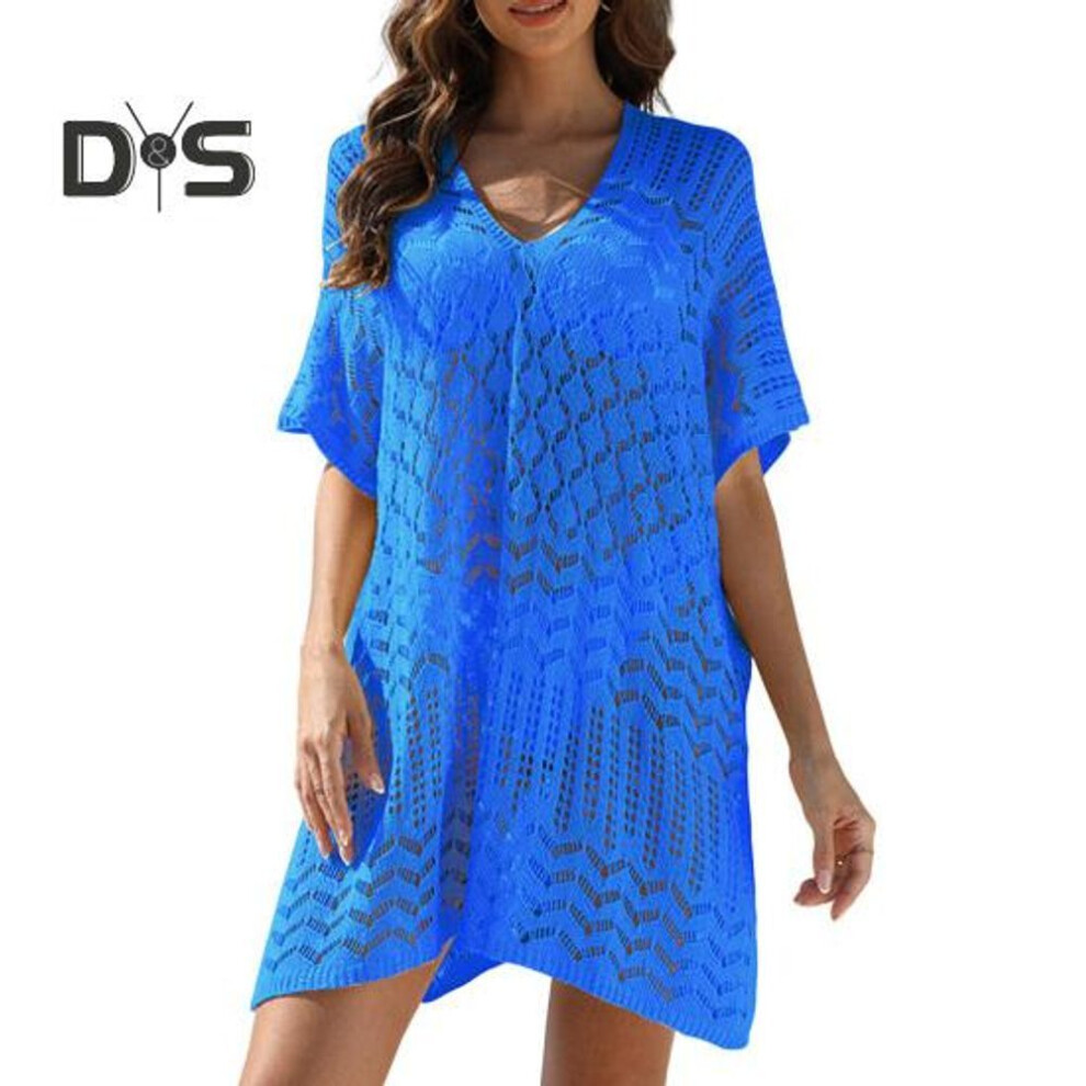 (blue) Women's Mesh Crochet Swimwear Cover-Up V-Neck Short Sleeve Hollow Out Beachwear Loose Fit Bikini Cover Up Dress for Vacation Travel