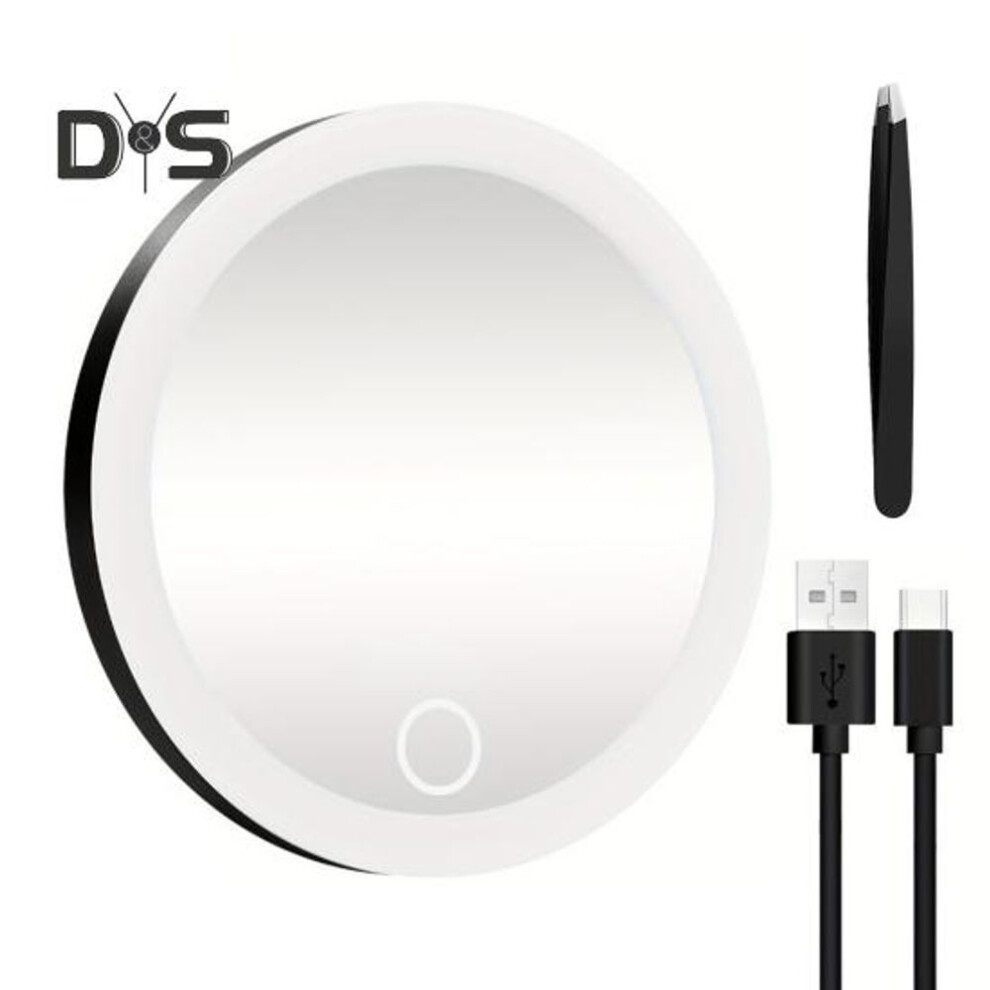 (black) 10cm 30x Magnifying Mirror With Tweezers Portable Travel Led Makeup Mirror With 3 Suction Cups Rechargeable Dimmable Magnified Vanity Mirror