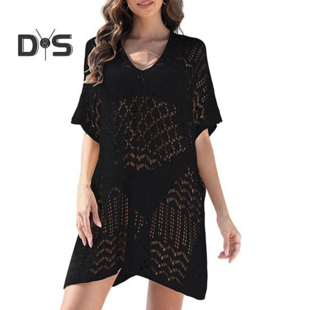 (black) Women's Mesh Crochet Swimwear Cover-Up V-Neck Short Sleeve Hollow Out Beachwear Loose Fit Bikini Cover Up Dress for Vacation Travel