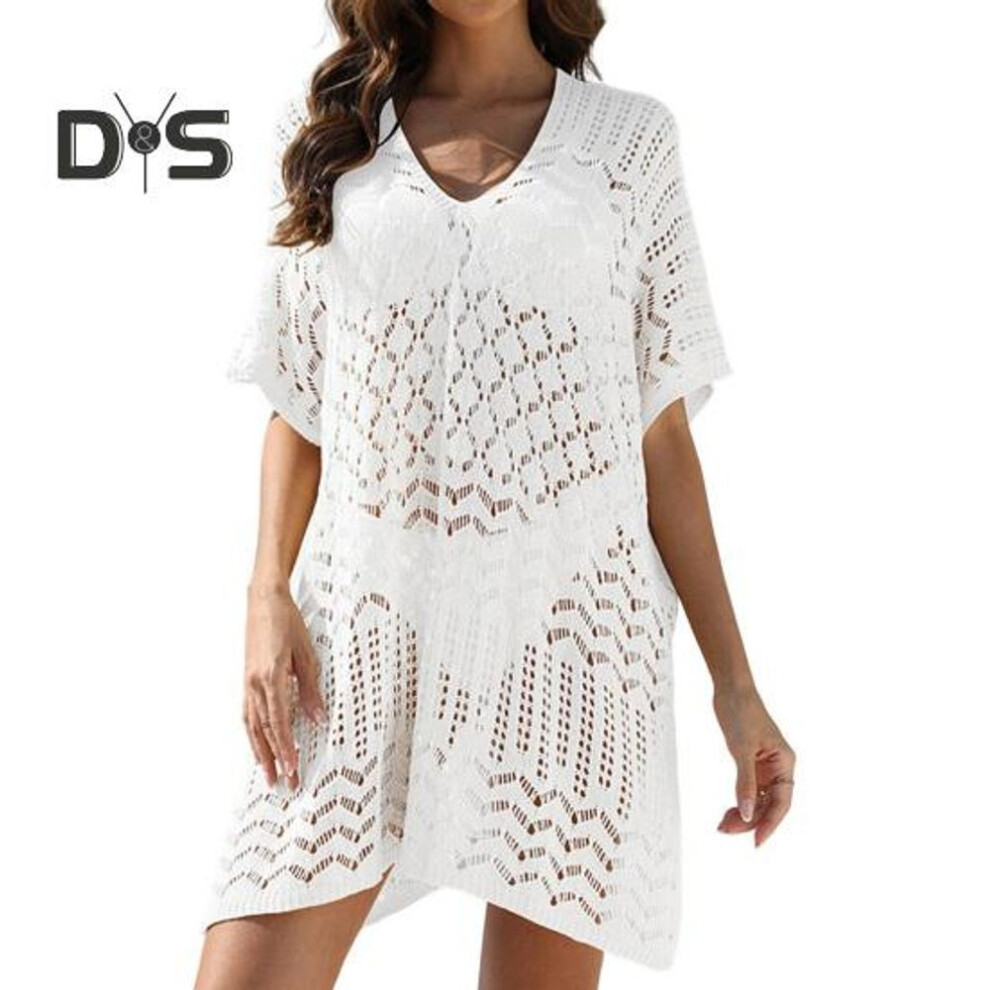 (white) Women's Mesh Crochet Swimwear Cover-up V-neck Short Sleeve Hollow Out Beachwear Loose Fit Bikini Cover Up Dress For Vacation Travel