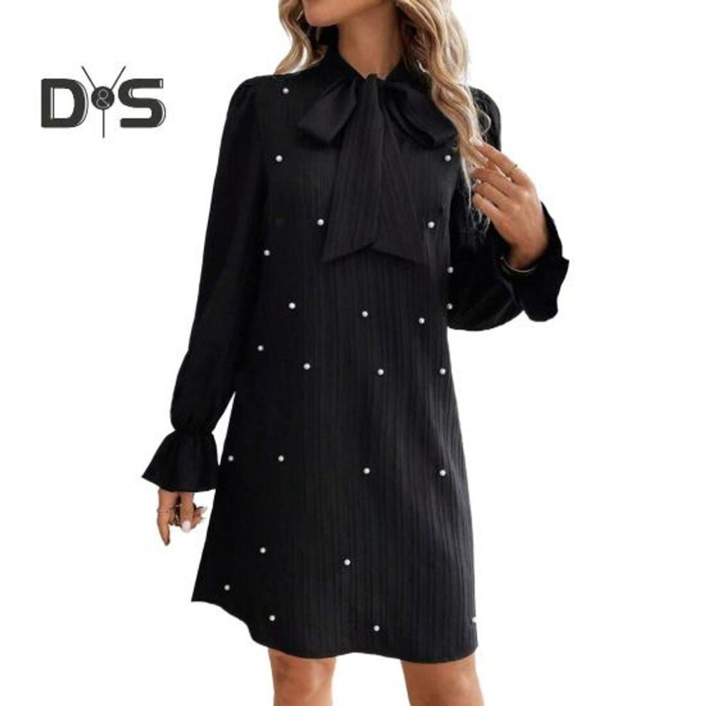 (black, XL) Women Dress Lace-up Bow Faux Pearl A-line Puff Sleeves Pure Color Above Knee Length Mini Dress Prom Party Dating Short Dress