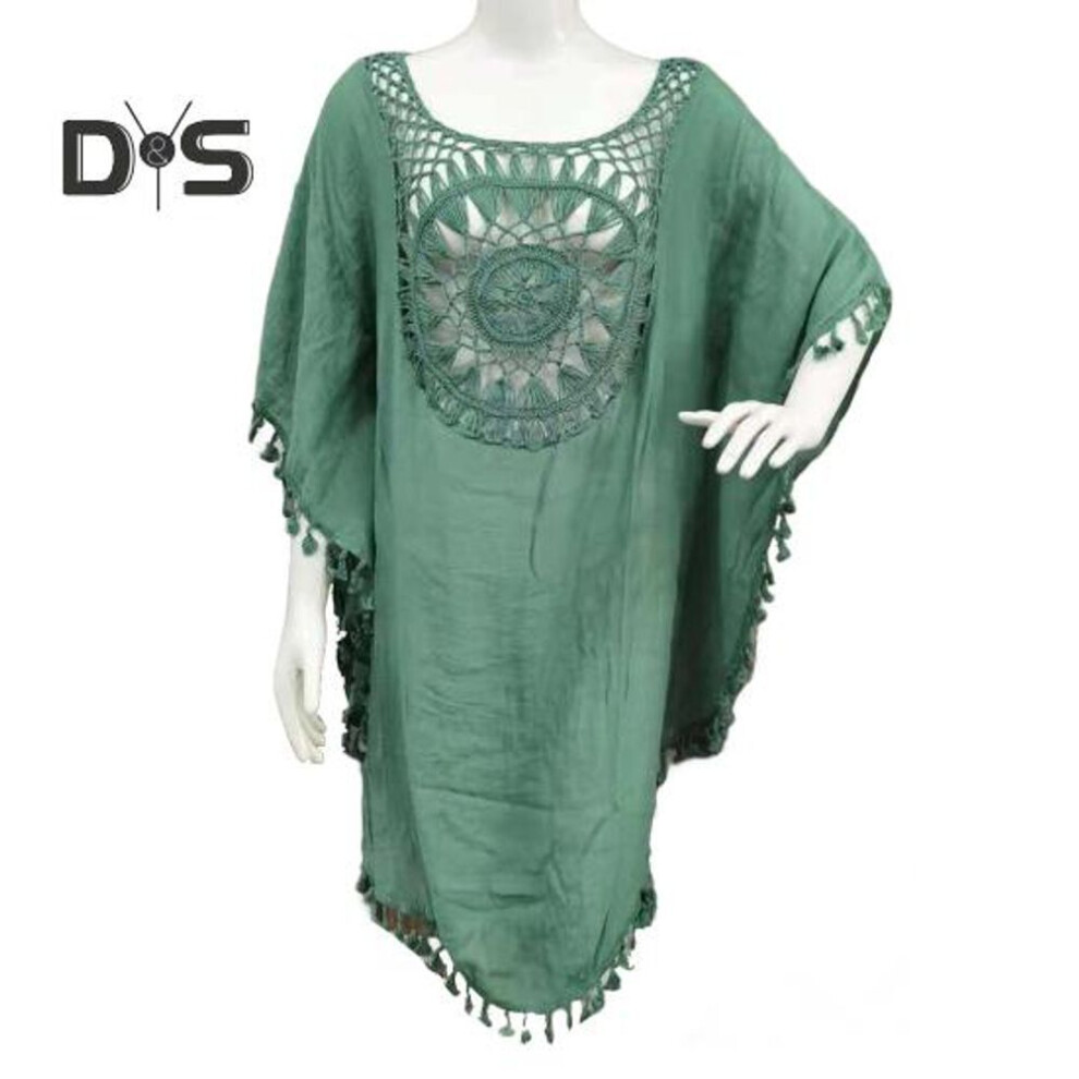 (green) Women's Summer Swimwear Cover-up Casual Off Shoulder Tassel Beach Smock Loose Hollow See Through Bikini Cover-up for Beach Pool Sunbathing
