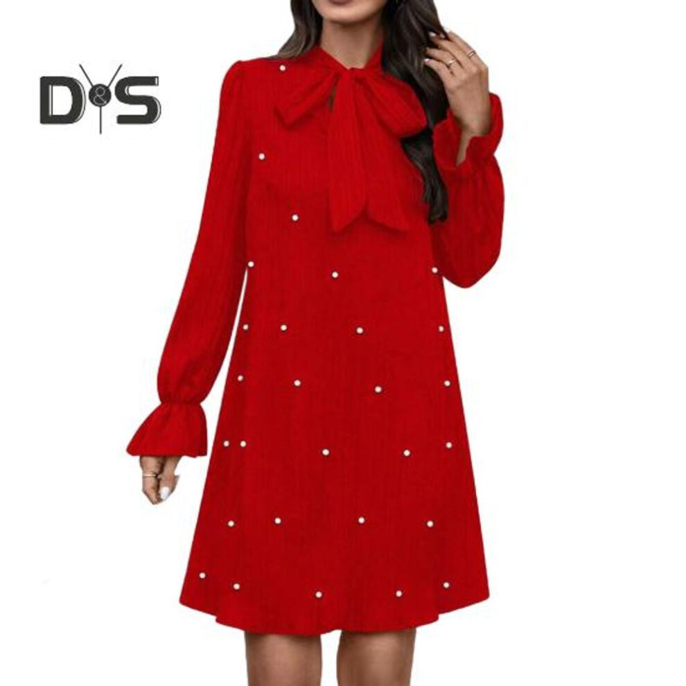 (red, S) Women Dress Lace-up Bow Faux Pearl A-line Puff Sleeves Pure Color Above Knee Length Mini Dress Prom Party Dating Short Dress