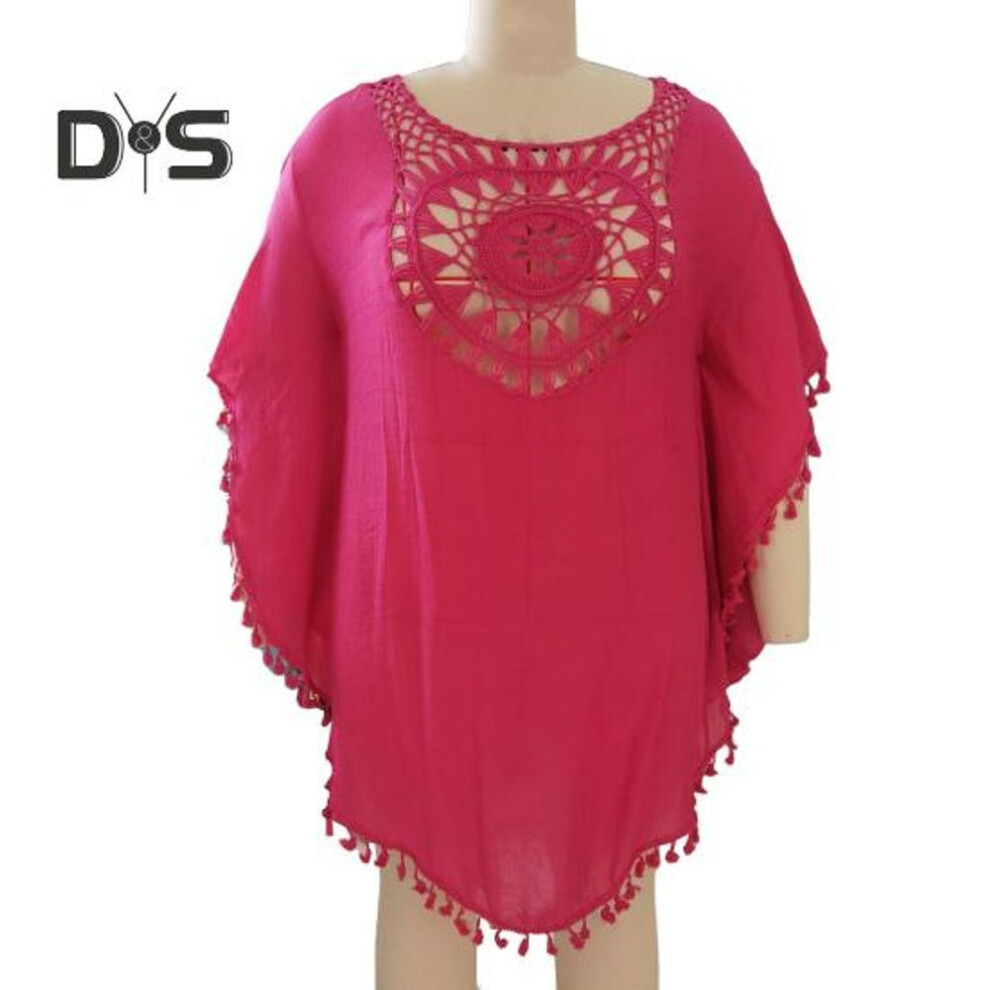 (rose red) Women's Summer Swimwear Cover-up Casual Off Shoulder Tassel Beach Smock Loose Hollow See Through Bikini Cover-up for Beach Pool Sunbathing