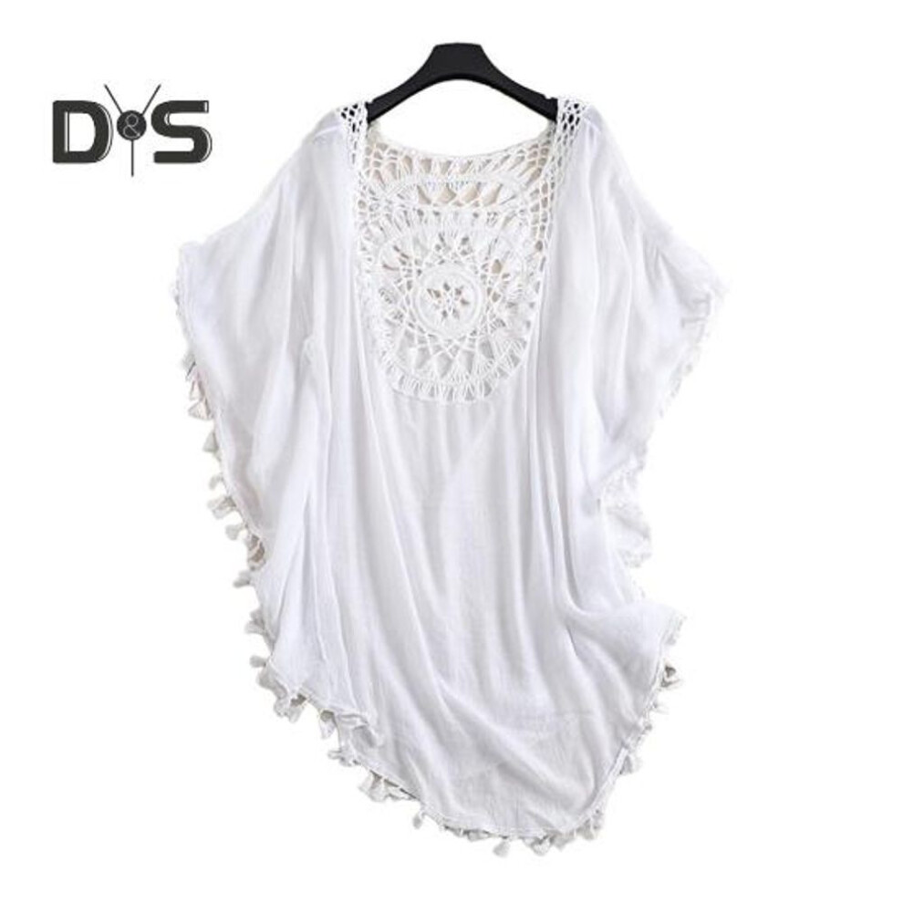 (white) Women's Summer Swimwear Cover-up Casual Off Shoulder Tassel Beach Smock Loose Hollow See Through Bikini Cover-up for Beach Pool Sunbathing