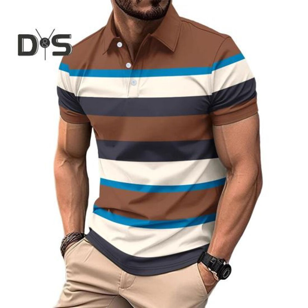(coffee, L) Men Striped Lapel Tee Casual Short Sleeve Golf Tee Shirt Business Collared T-Shirt Top for Sports Golf Travel Office Parties Daily Wear