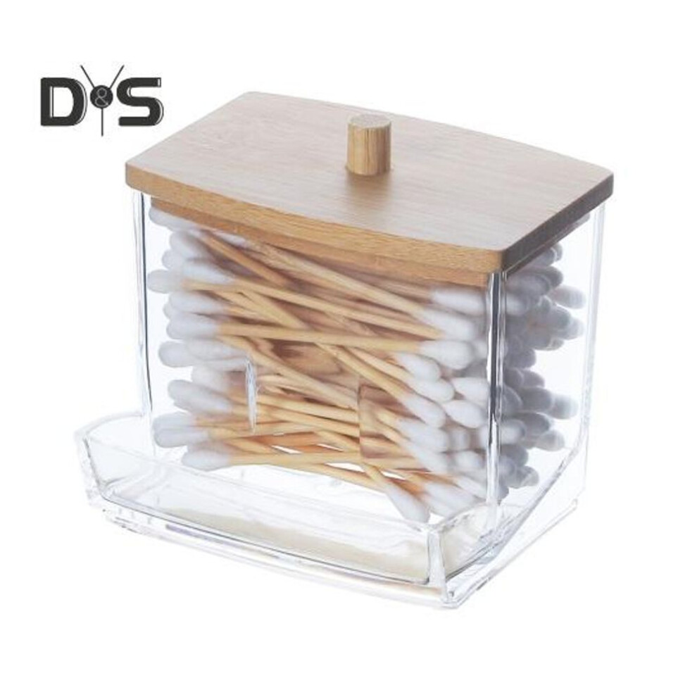 (as the picture, E) Transparent Storage Box Cotton Swab Organizer With Wooden Lid Large Capacity Dustproof Widely Used Floss Picks Cotton Balls Holder
