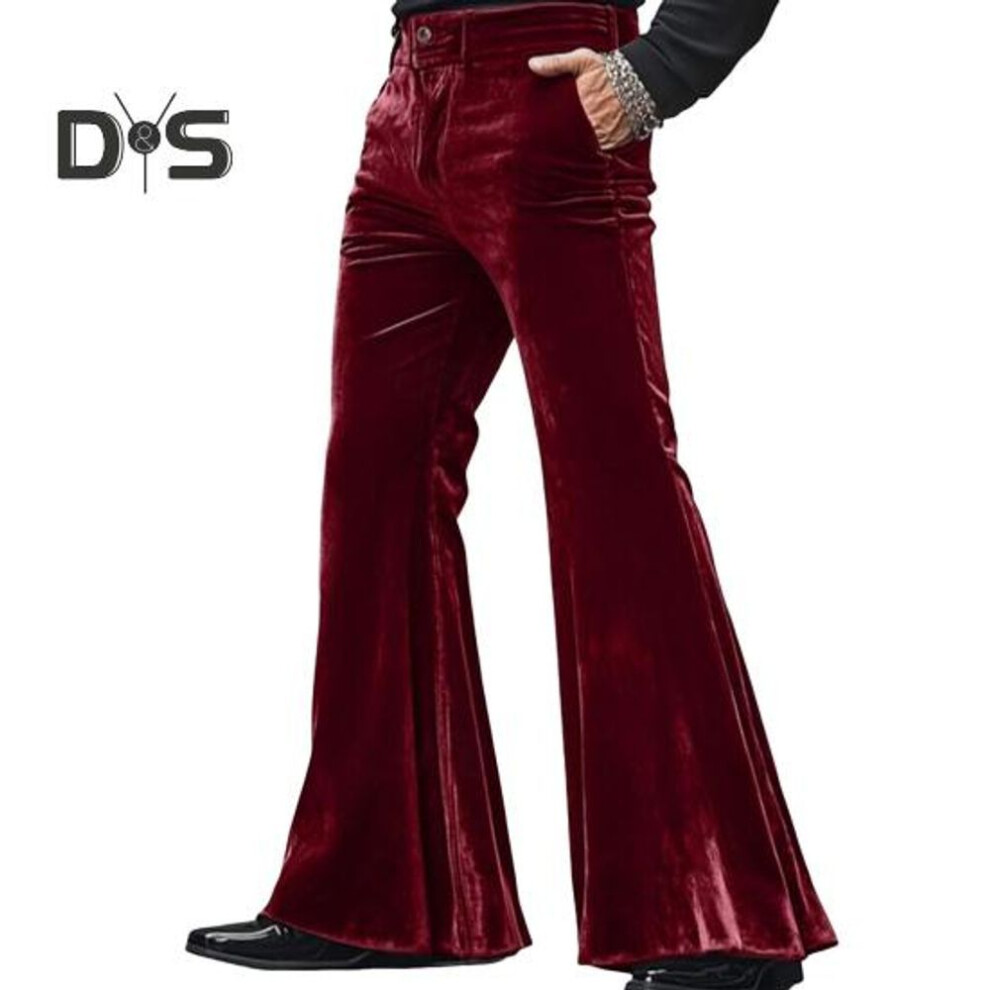 (wine red, XL) Men's Bell Bottom Velvet Pants Retro Style 70s Disco Outfit Casual Loose-Fit Party Street Flared Trousers for Daily Street Office Parties