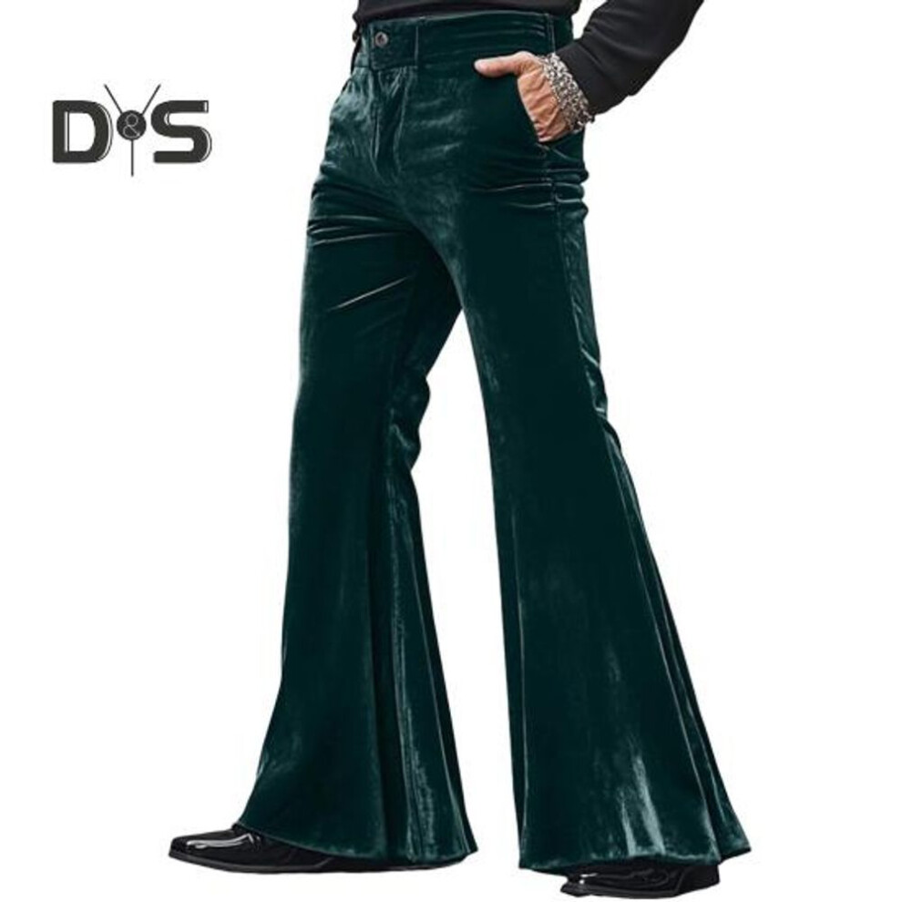 (green, L) Men's Bell Bottom Velvet Pants Retro Style 70s Disco Outfit Casual Loose-Fit Party Street Flared Trousers for Daily Street Office Parties