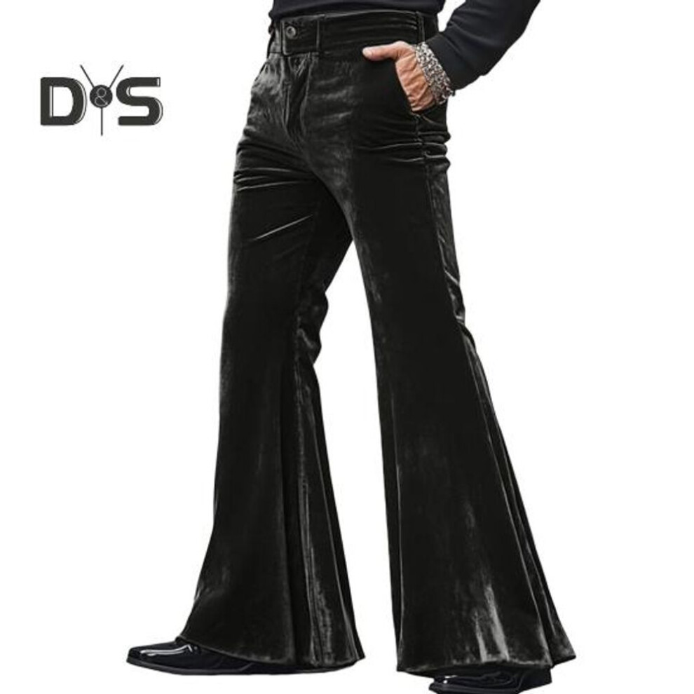 (black, XXXL) Men's Bell Bottom Velvet Pants Retro Style 70s Disco Outfit Casual Loose-Fit Party Street Flared Trousers for Daily Street Office Parties