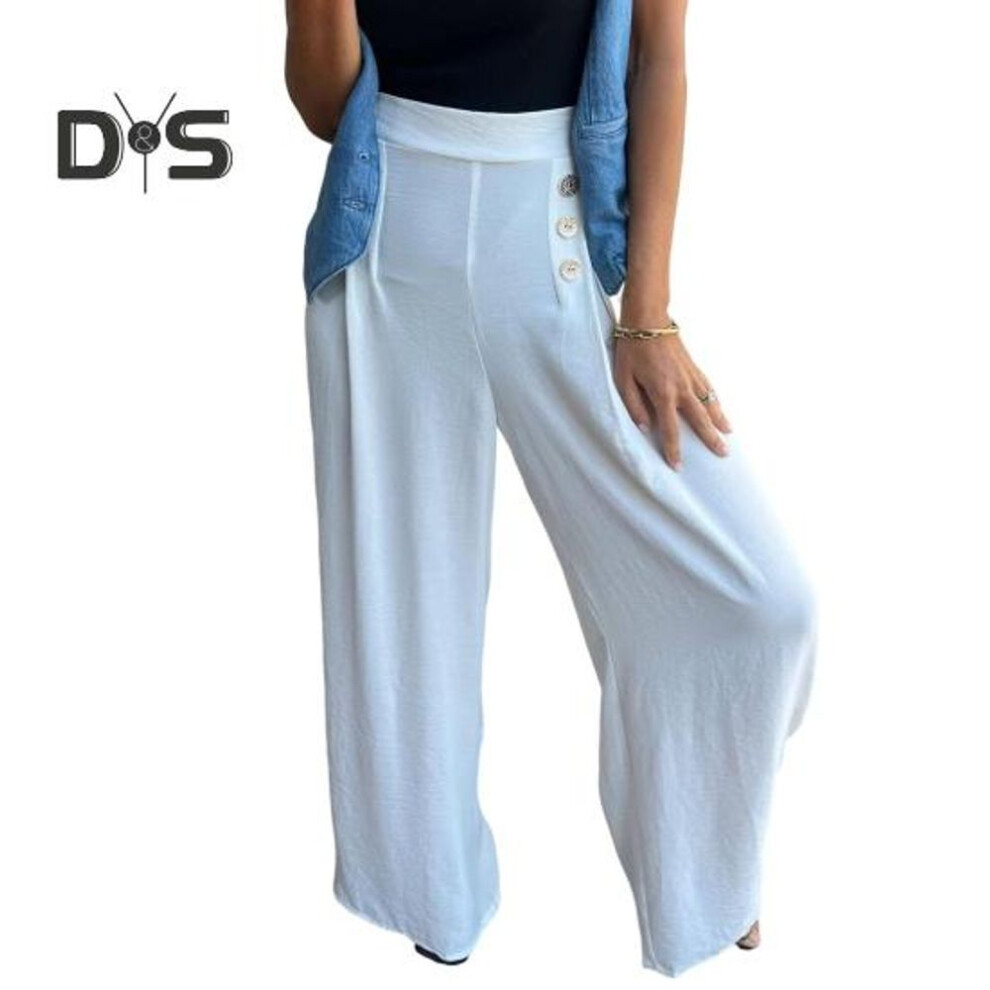 (white, S) Women's Wide-leg Pants High Waist Button Decorated Pants Casual Loose Fit Trousers For Daily Wear Travel Office