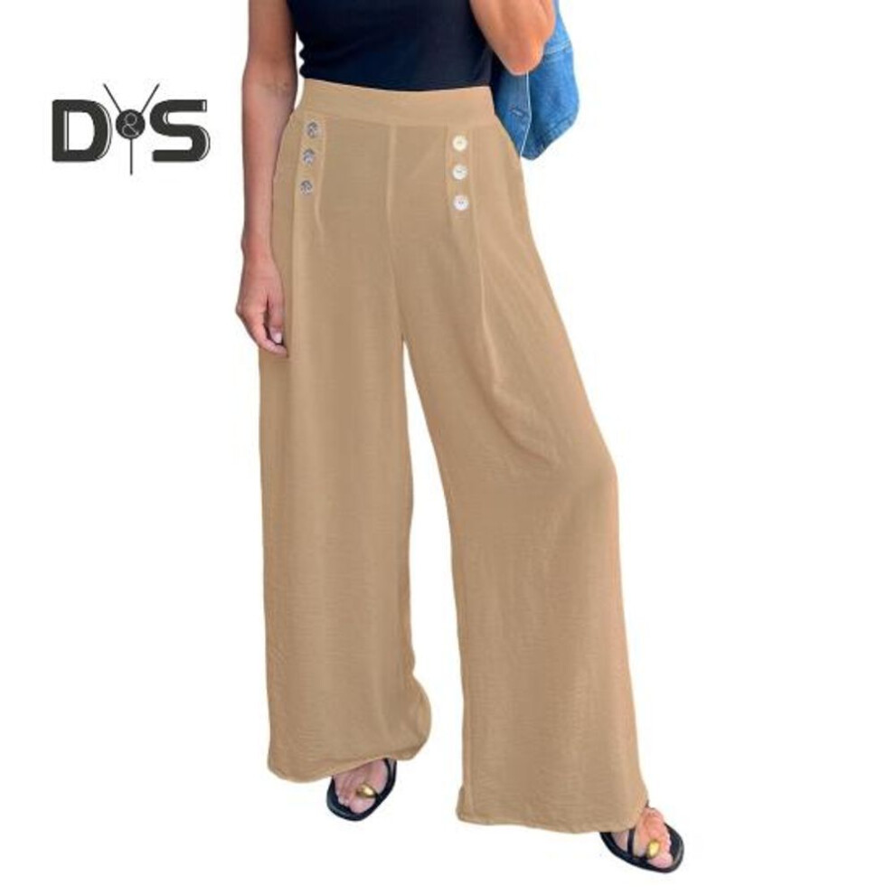 (khaki, XL) Women's Wide-leg Pants High Waist Button Decorated Pants Casual Loose Fit Trousers For Daily Wear Travel Office