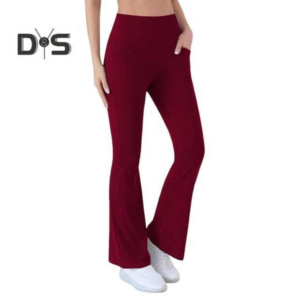 (wine red, M) Women's Flared Yoga Pants High Waist Bootcut Workout Leggings With Pockets Stretchy Bell Bottom Trousers For Office Workout