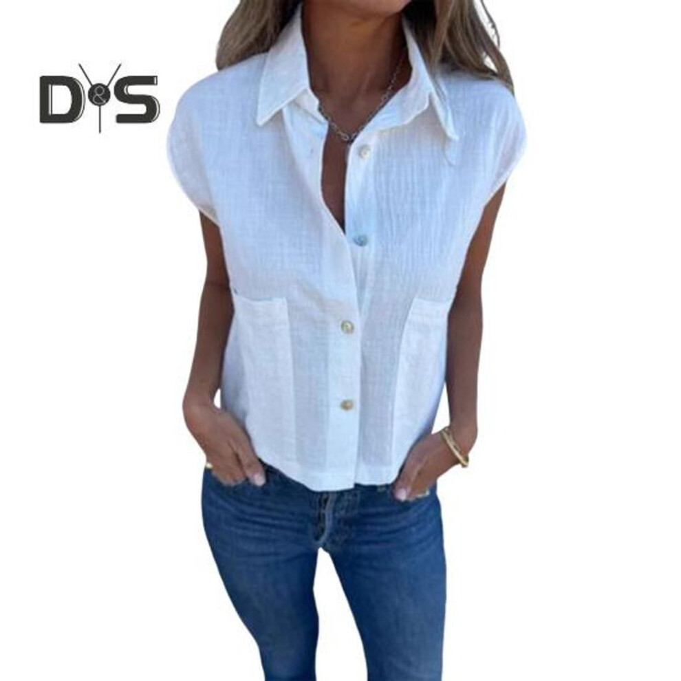 (L, white) Women Shirt Turn-down Collar Short Sleeves Soft Breathable Pure Color Single-breasted Daily Wear Blouse Loose Shirt