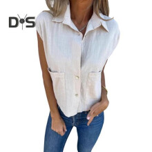 (L, khaki) Women Shirt Turn-down Collar Short Sleeves Soft Breathable Pure Color Single-breasted Daily Wear Blouse Loose Shirt