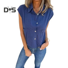 (L, blue) Women Shirt Turn-down Collar Short Sleeves Soft Breathable Pure Color Single-breasted Daily Wear Blouse Loose Shirt